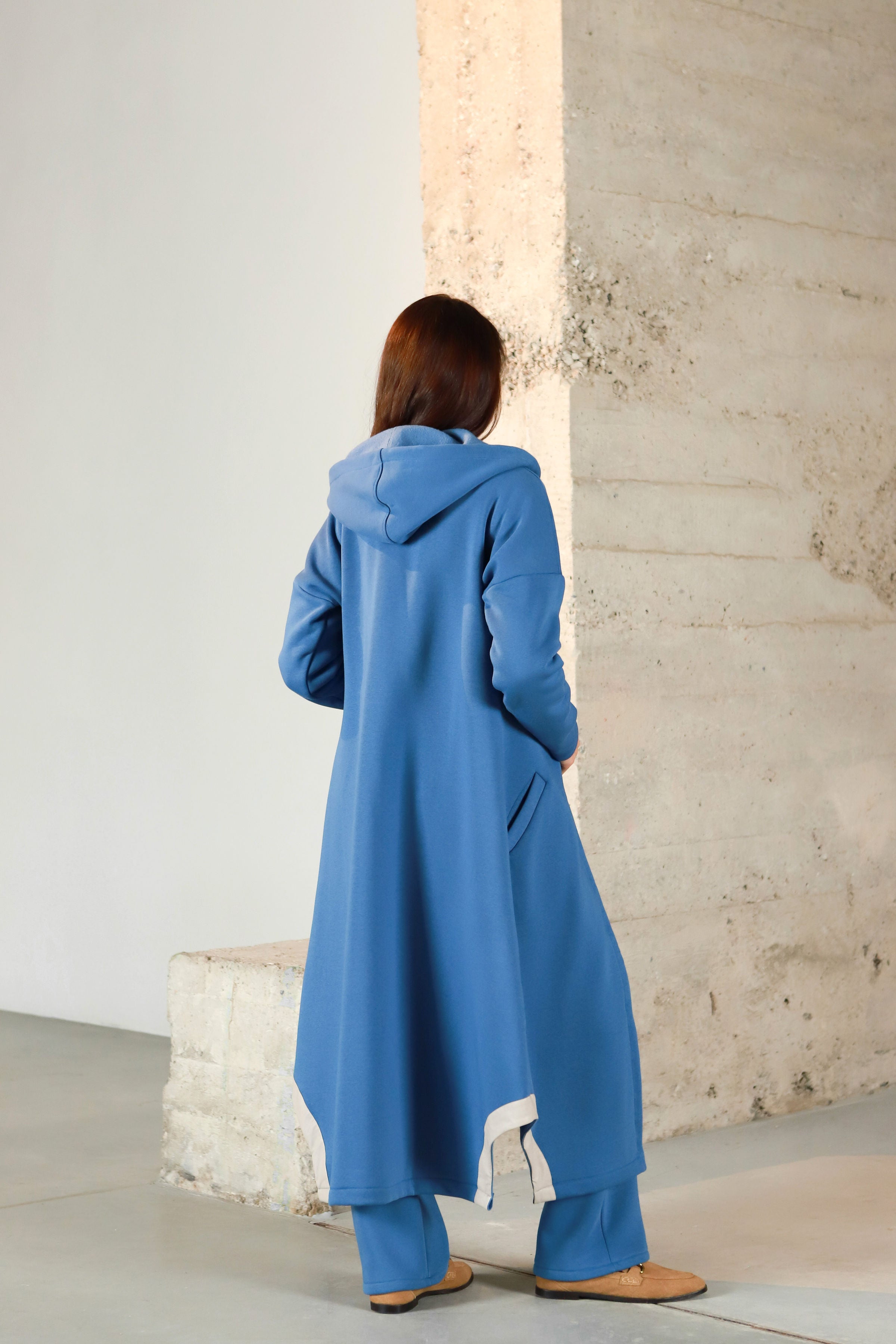 Medvilnės su pūkeliu ilgas švarkas su užtrauktuku „ANYŽIUS“ dangaus mėlyna