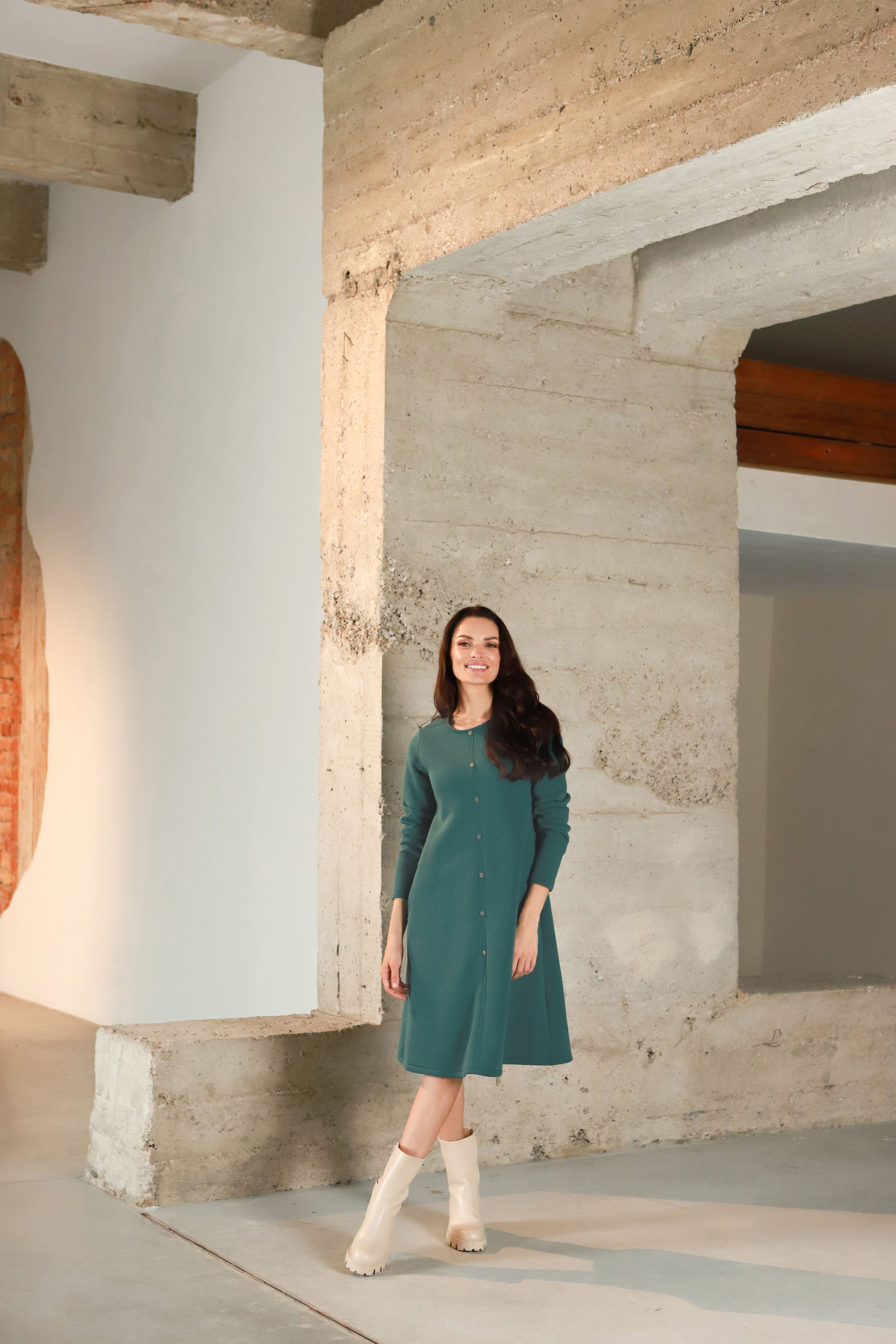 Brushed cotton dress with buttons "MUSKATA" in ocean dark green