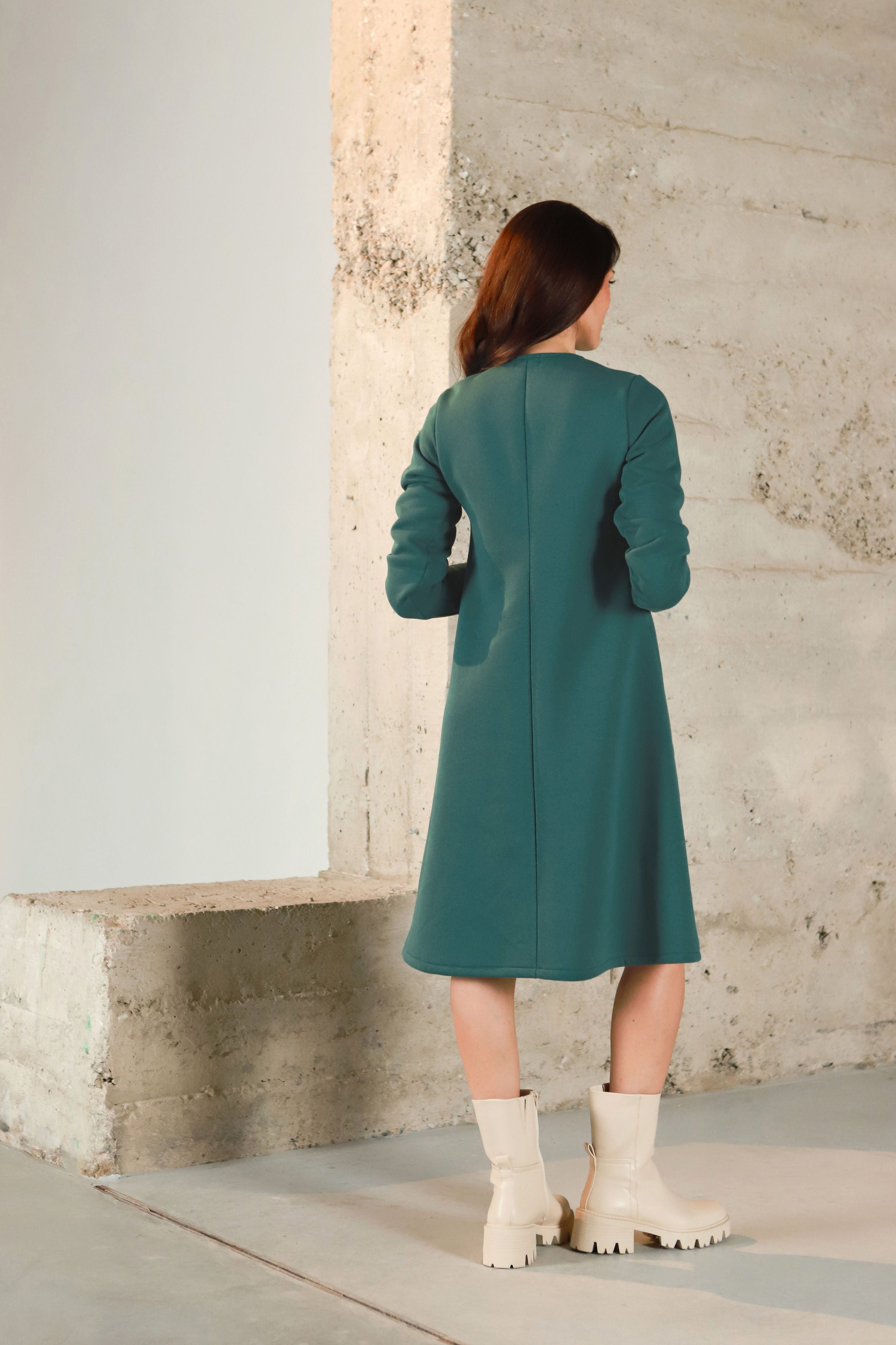 Brushed cotton dress with buttons "MUSKATA" in ocean dark green