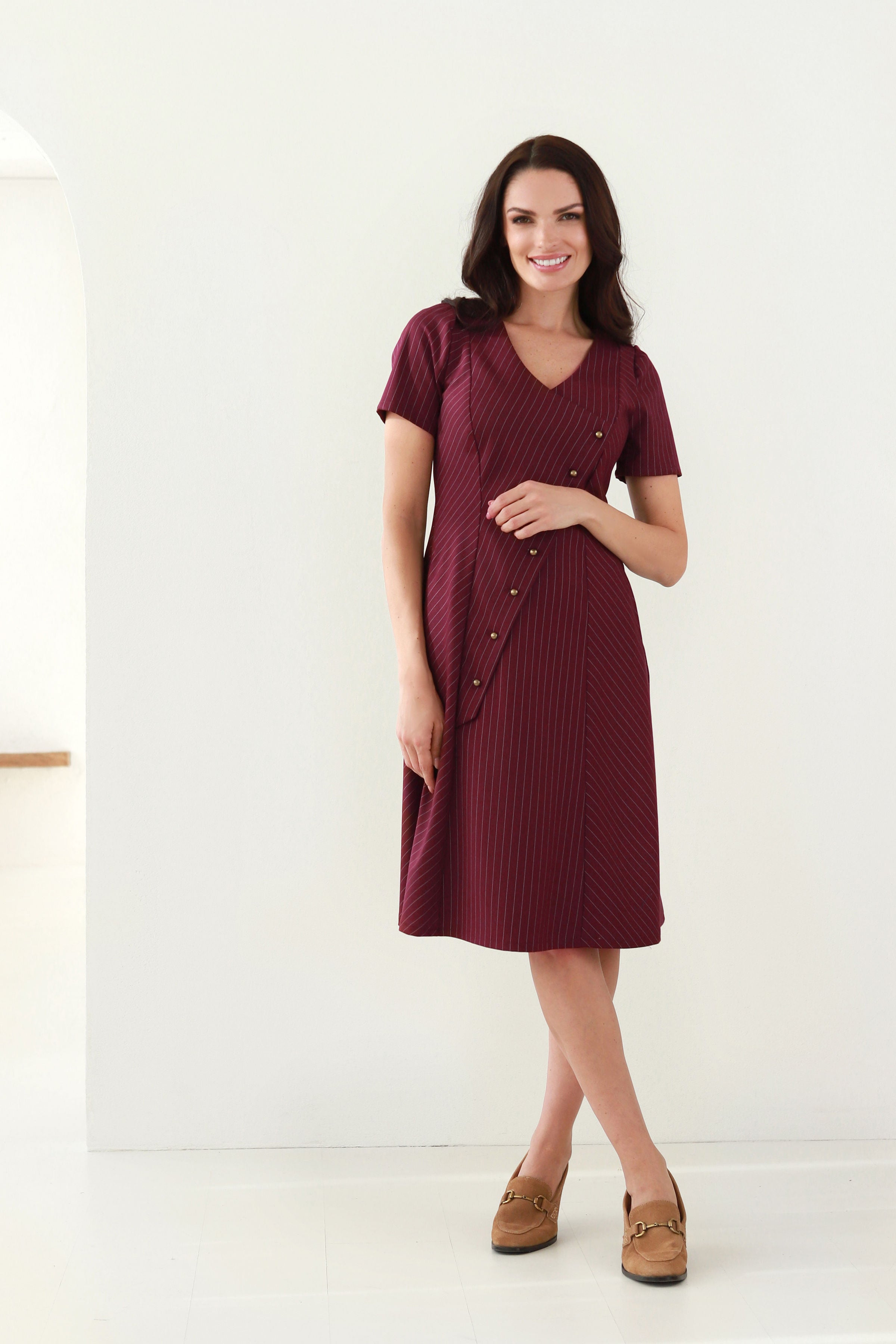 Short Mahogany Striped Dress “SAULĖ”