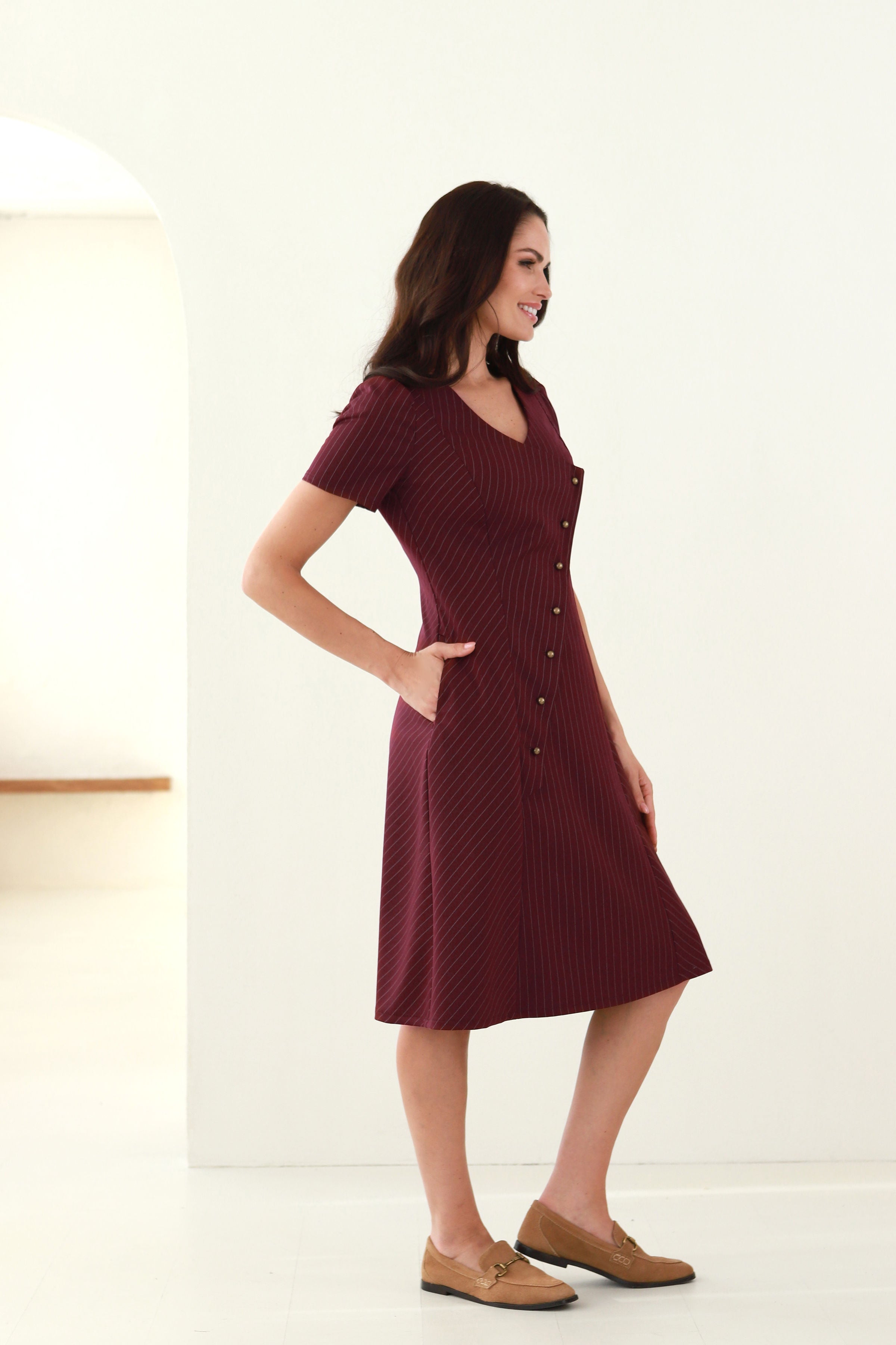 Short Mahogany Striped Dress “SAULĖ”