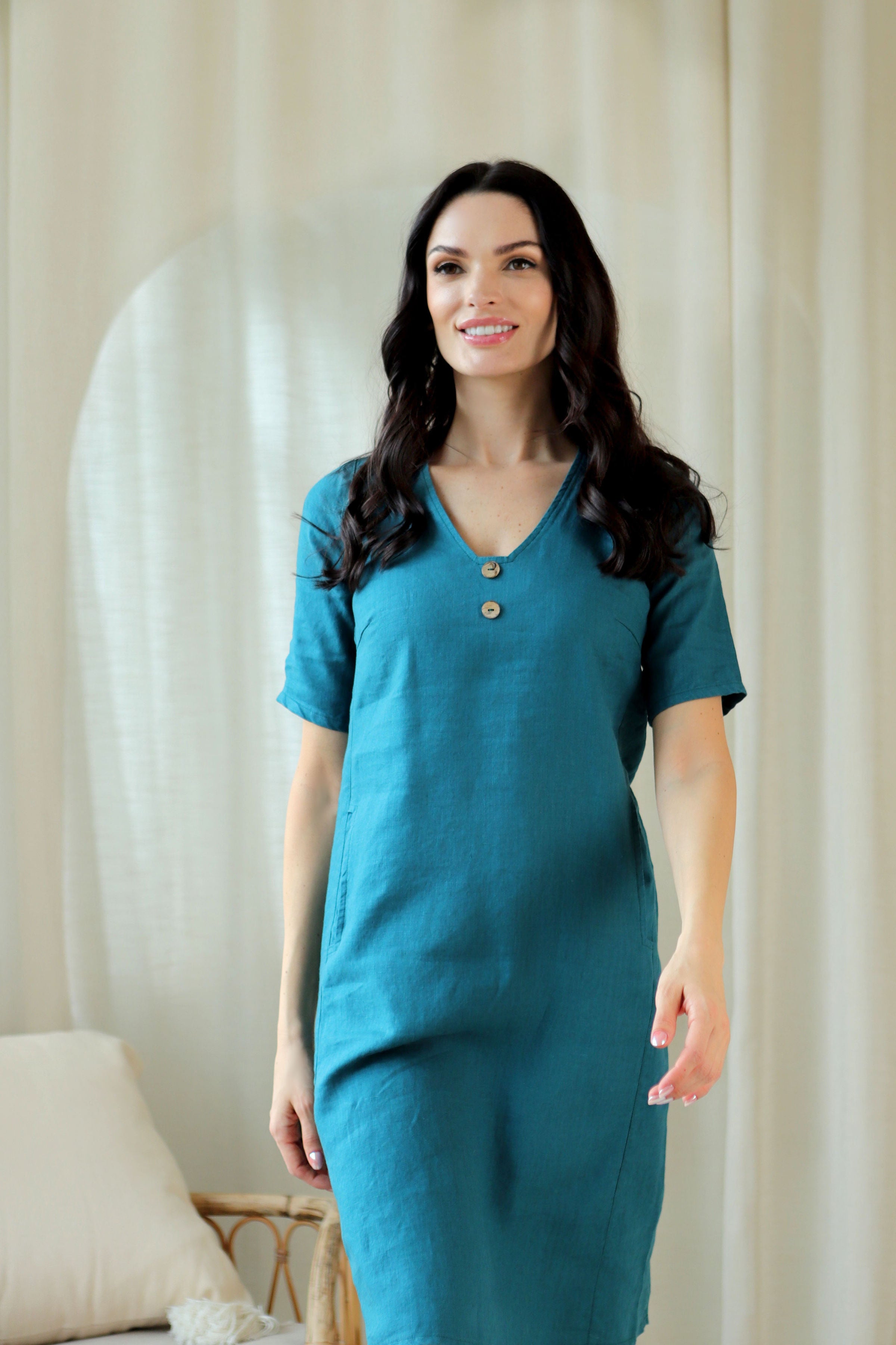 Short button-front dress “UPĖ” lagoon green