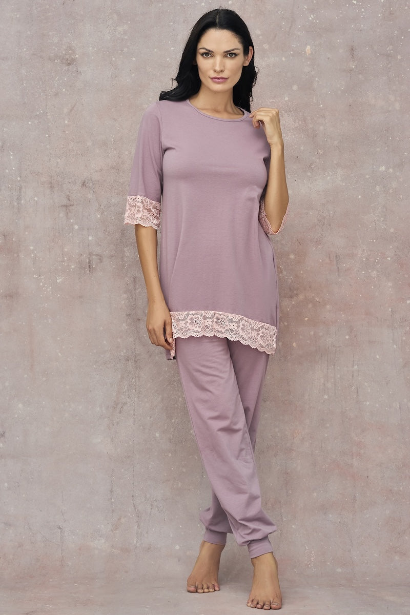 Cotton long-sleeved pajamas "FASCINA" coffee pink