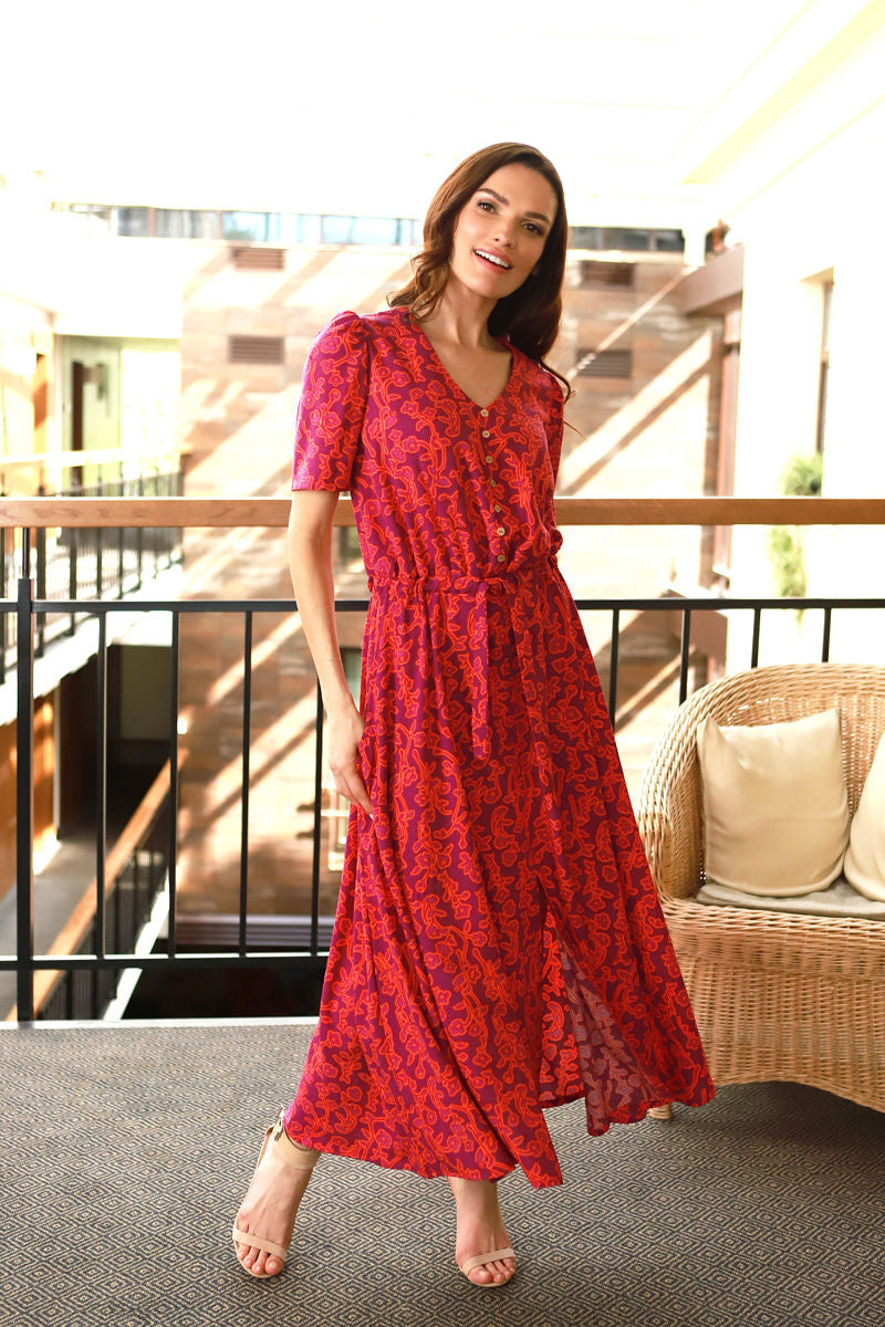 Printed summer viscose dress "BLISS" sunset cyclamen print