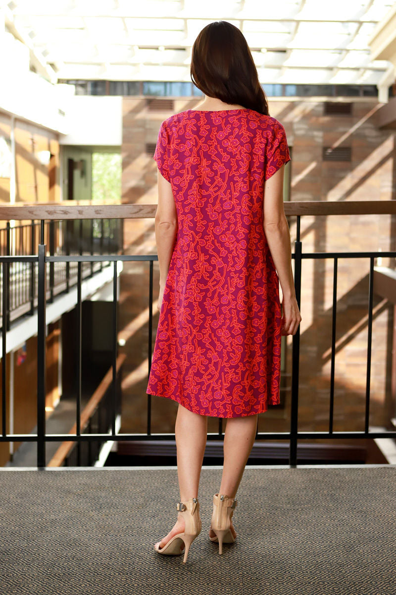 Printed short viscose dress "NOIR" sunset cyclamen print