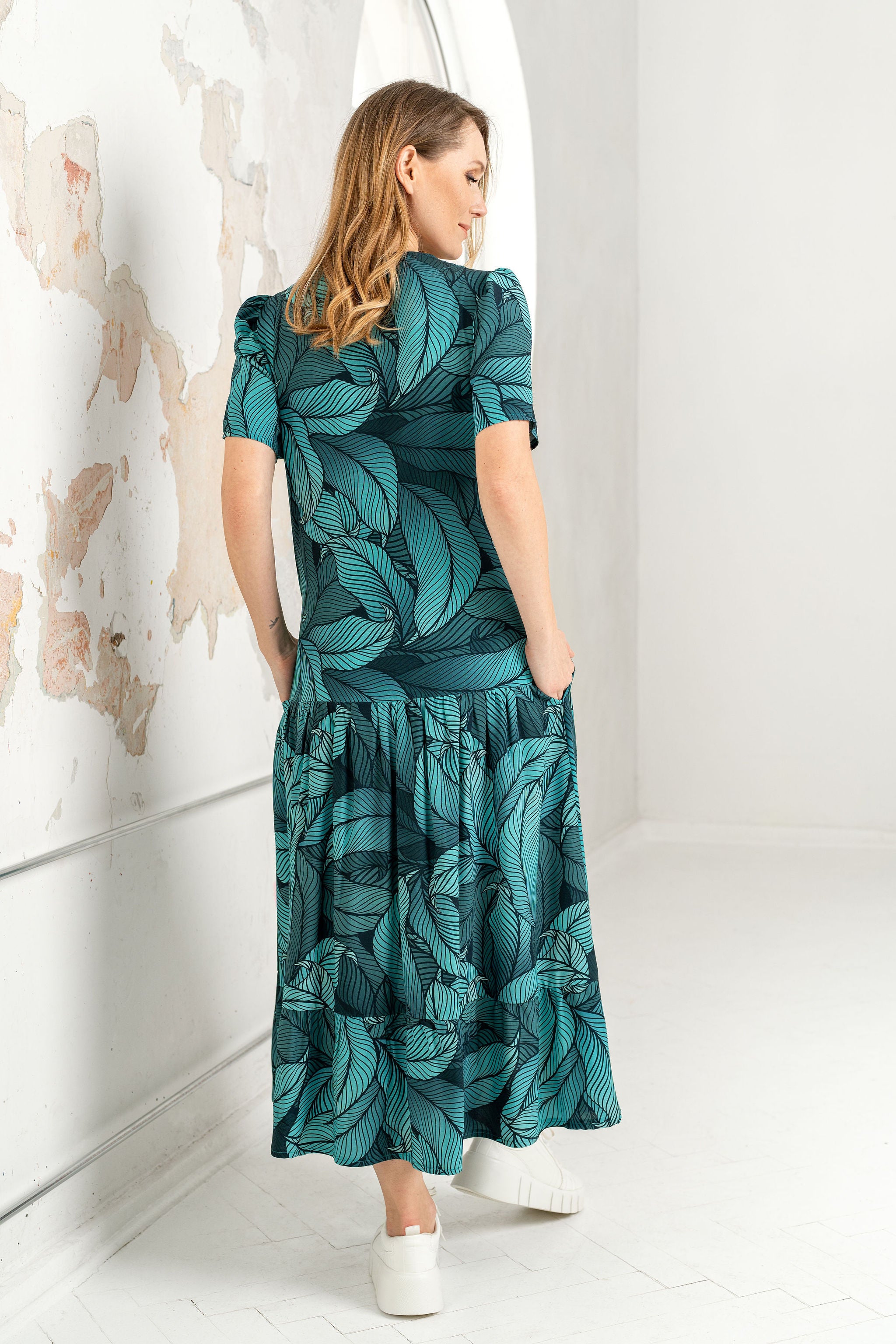 Printed long viscose dress "LUNARA" turquoise leaves