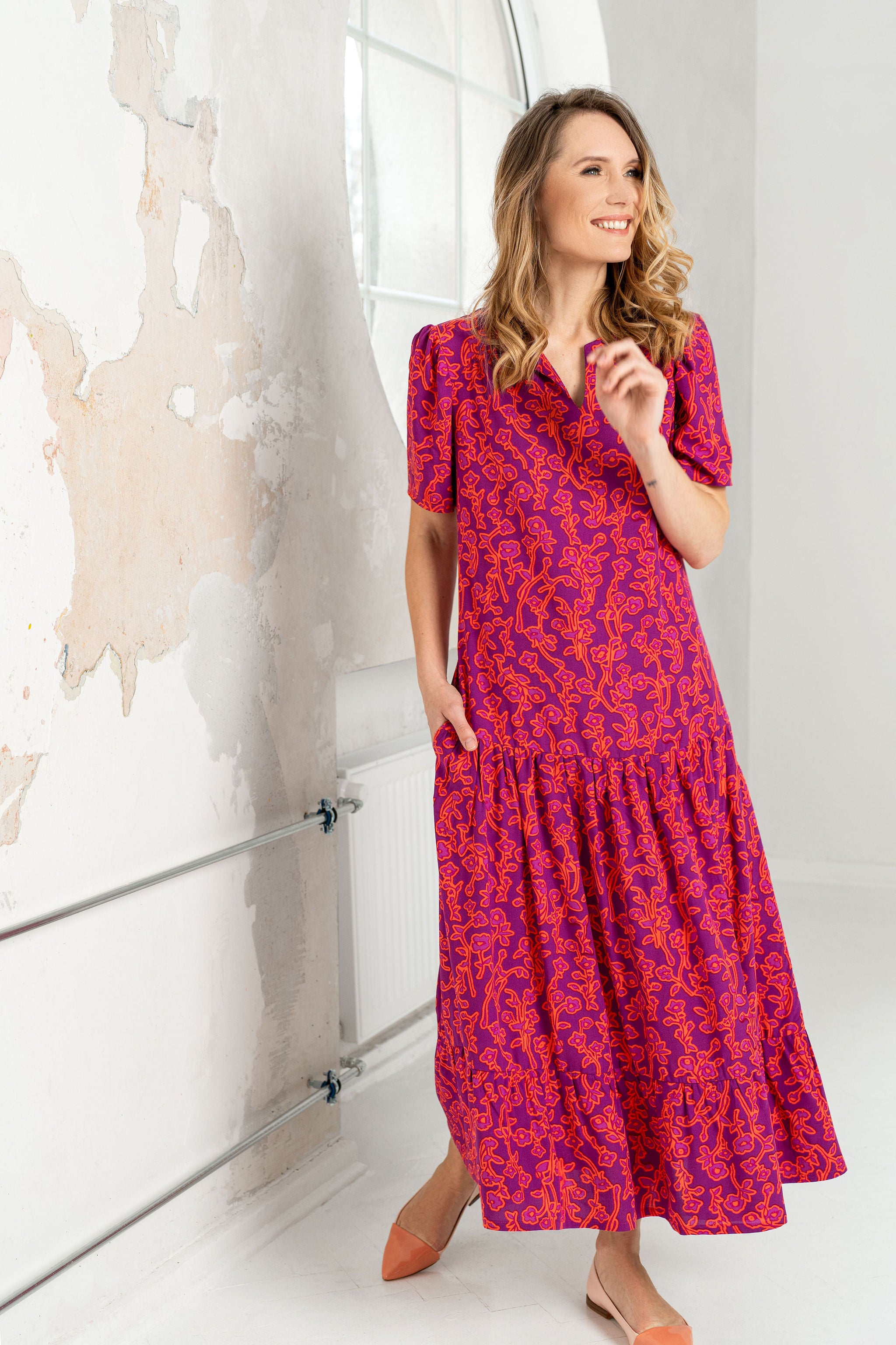 Printed long viscose dress "LUNARA" sun cyclamen