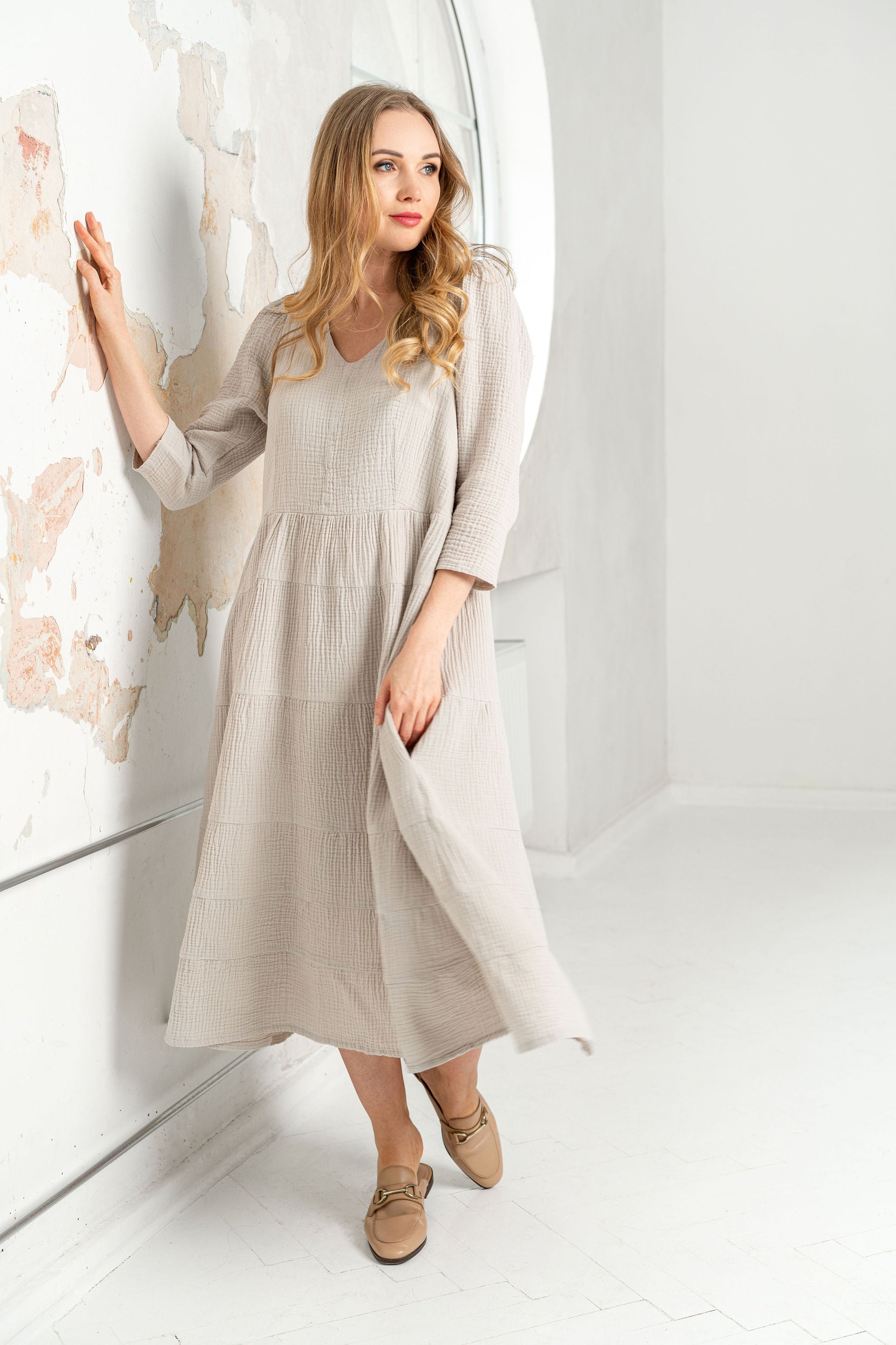 Muslin dress "ARKA" pearl gray