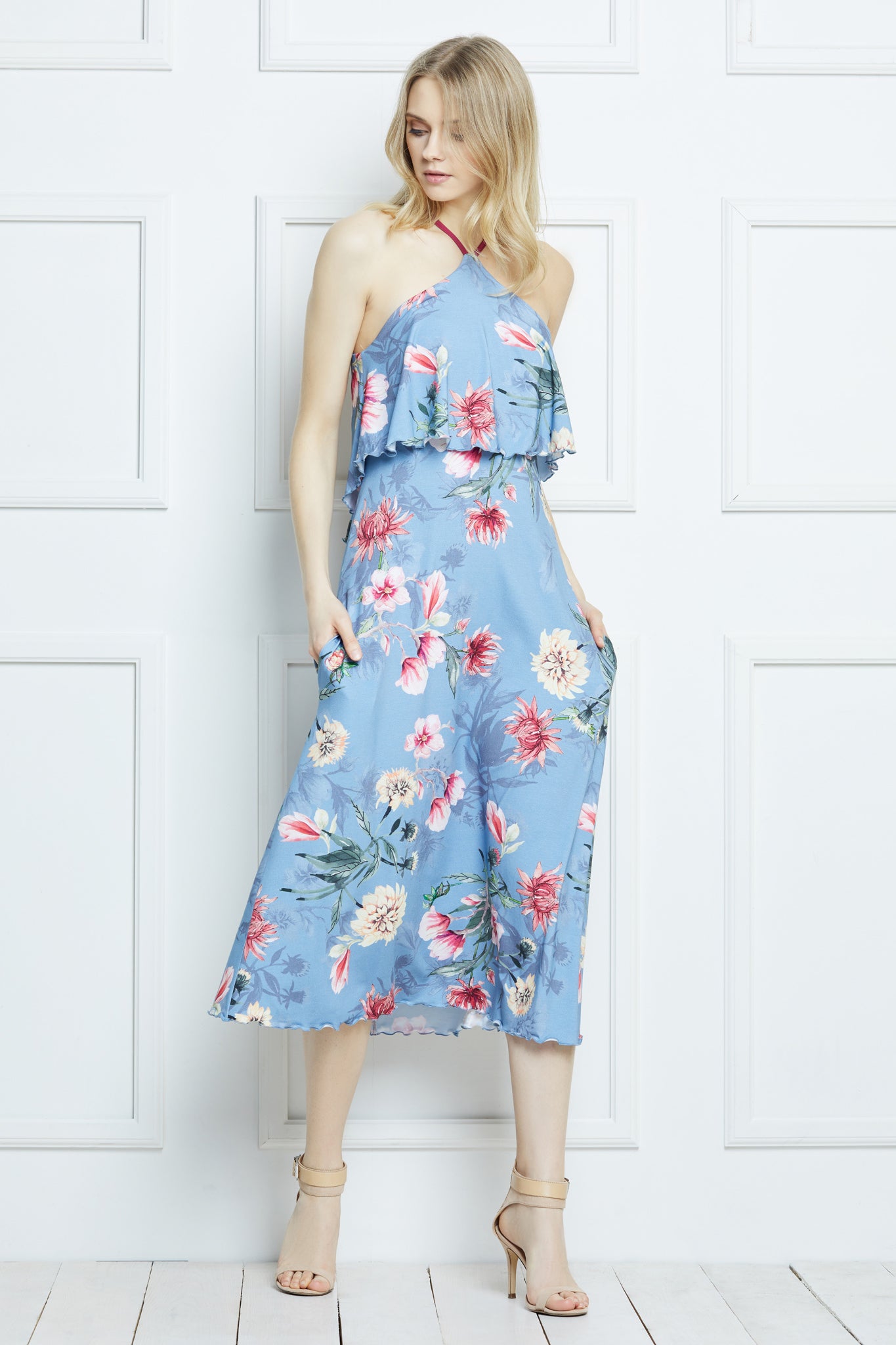 Multicolored knit dress "NOVELIA" gray-blue flowers