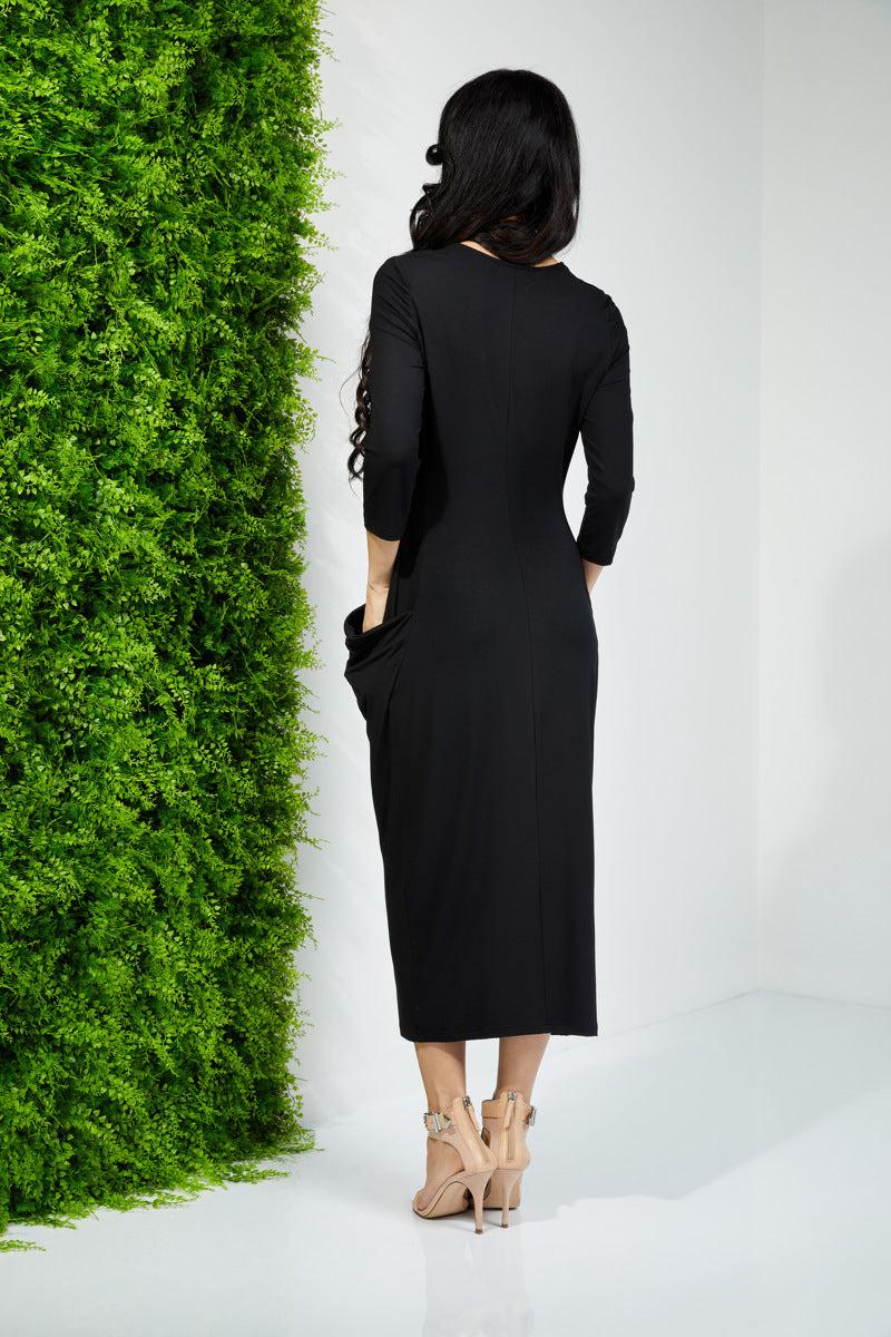Long knitted dress with ruffled front "ELEGA" black