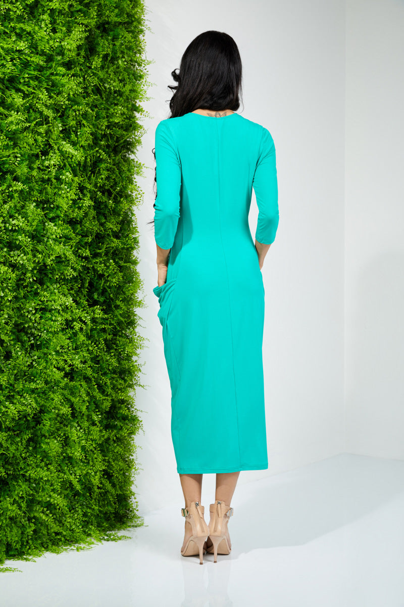 Long knitted dress with ruffled front "ELEGA" bright green