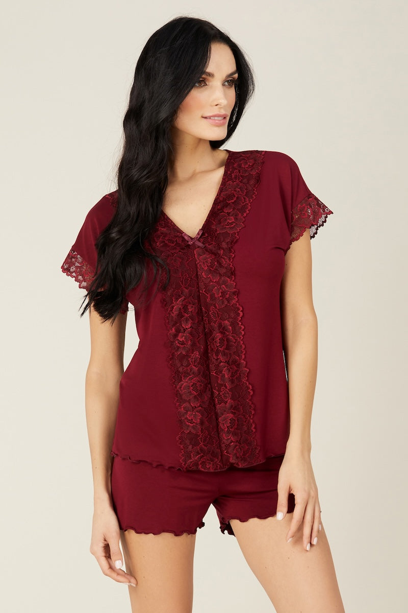 Viscose pajamas with shorts "DIVINA" burgundy