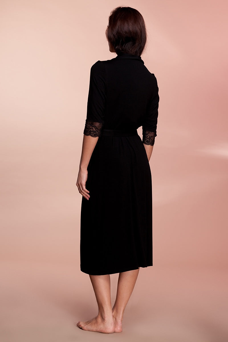 Viscose bathrobe with lace "UNIQUE" black