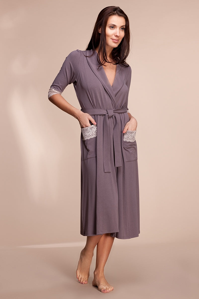 Viscose bathrobe with lace "UNIQUE" cocoa 